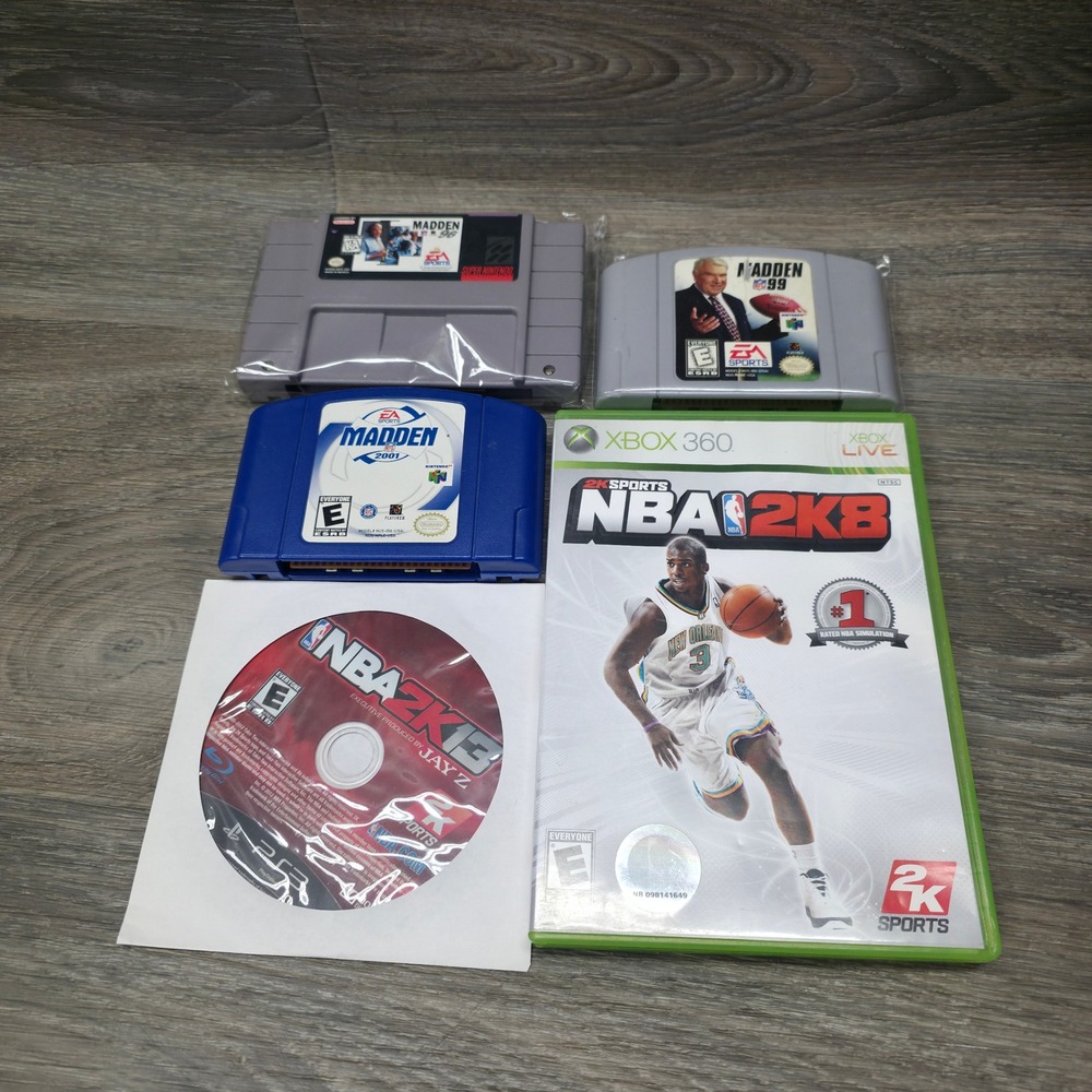 Madden NBA Video Game Bundle Lot 5 Madden 96 99 2001 NBA 2K8 2K13 - Xbox SNES‎